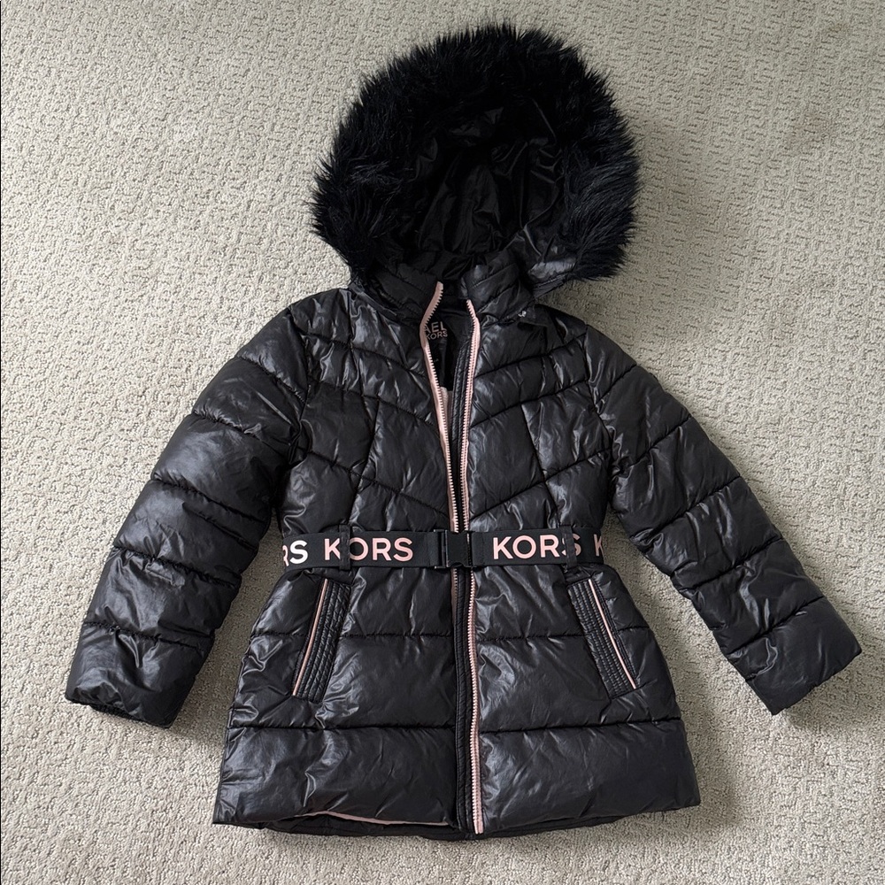 Michael Kors Black Puffer Jacket with Pink Trim